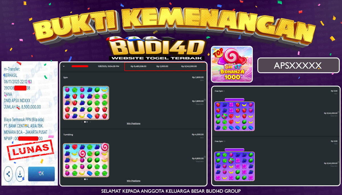 BUDI4D JACKPOT USER ID : APS**** SLOT PRAGMATIC PLAY ( Sweet Bonanza 1000 ) Rp.8.500.000,- LUNAS